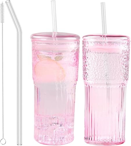 JunVpic Glass Coffee Cups with Lids and Straws, 20 OZ Pink Iced Water Glasses Tumblers for Ice Juice, Tea, Milk, Smoothie and Cold or Hot Drinks, Set of 2