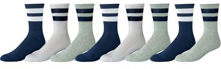 Amazon Essentials Men's Cushioned Retro Stripe Crew Socks, 8 Pairs, Grey/Navy/White, 8-12