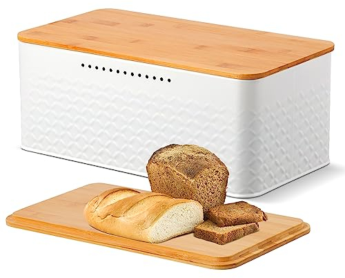 Pitmoly Brotkasten, Brotaufbewahrungsbehälter für Küchenarbeitsplatte, Brotkasten aus Metall mit Bambusdeckel, großer Vintage-Brotkastenhalter, 33 x 17,8 x 13,5 cm (weiß)