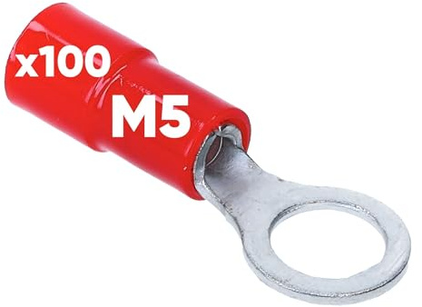Kalitec 100x Ringkabelschuh 0,5-1mm² M5 Rot - Teilisoliert Kupfer | PVC Kragen Kabelverbinder für sichere Verbindungen - Ringöse Quetschverbinder Set - Ideal für Kfz, Hifi und