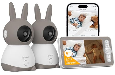 ieGeek Baby Monitor Video e Audio 2K con 2 Fotocamere, 5'' Telecamera Bambini con Schermo Diviso Supporto Controllo Tramite APP Mobile & Monitor, 3 Tipi di Rilevamento Intelligente