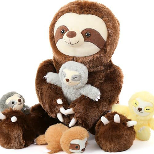 MorisMos Faultier riesen Kuscheltier XXL,60cm Sloth sitzende Faultier Stofftier Plüschtier mit 4 Baby im Bauch, Geburtstag Geschenk für Kinder Jungen