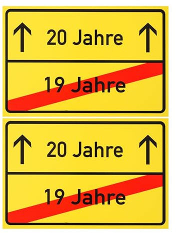 Ortsschild zum 20.Geburtstag, 2 Stück, 1 mm PVC, 30 x 20 cm, Scherzartikel für Geburtstagsgeschenk, Geburtstagsüberraschung 20 Jahre, Schild als Geburtstagsdekoration, lustiges Hinweisschild zwanzig