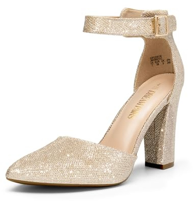 DREAM PAIRS Tjocka högklackade damklänningar med pumpar stängd spetsig tå block ankelrem skor för bröllopsfest, Guld-glitter, 37.5 EU