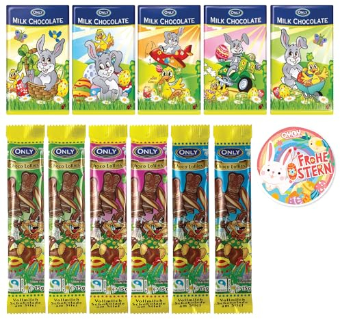 OYOY Oster Süßigkeiten Mix Set I 6x Osterhasen am Stiel I 5x Ostertäfelchen I Oster Sticker I Ostern Schokolade I Osterkorb Suessigkeiten