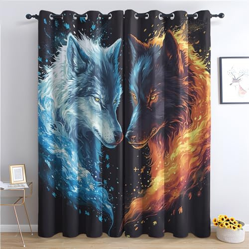 THYUNQ Vorhänge Fantasy Wolf Motiv, Vorhang Blickdicht Verdunklungsvorhänge Thermovorhang mit Ösen, Gardinen Wohnzimmer Schlafzimmer Fenster, 2er Set Curtains, H 137 x B 117 cm