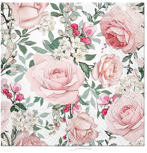 MACOSA U6SEI481_x2 Papier-Servietten Set 40 Stk. 33 x 33 cm Rosen Motiv Grün Rosa Tisch-Deko Einwegservietten Cocktailservietten Partyservietten Einweg Blumen Muster (33 x 33 cm)