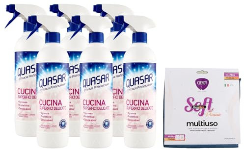 QUASAR SET: 6x Quasar Sgrassatore Spray CUCINA Superfici Delicate 580ml Sgrassa, Protettivo, Senza Aloni. Per Piani a Induzione, Laminati, Marmi e Quarzi + Panno SOFT Microfibra Multiuso Formato 33x33