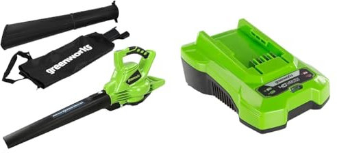 Greenworks GD40BV Cordless Leaf Blow Vac with Brushless Motor, 280km/h, 9.63m³/min, 45L Mulching Bag & 40V Battery Charger. 40V Universal Charger for Garden and Power Tools. Charges 2Ah Batter