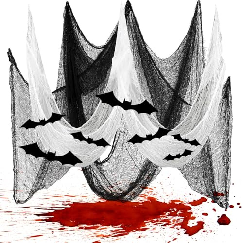 Halloween Deko Stoff Gruselige Tuch für Indoor Outdoor, 5 Stück 183x76cm Halloween Deko Horror Dekoration für Türen Hallen Decke, Garten, Veranden, Fenster, Spukhäuser Party(3 Schwarz+2 Weiß)