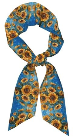 JEJEA Seidiger Halstuch, Motiv: Ölgemälde, Sonnenblumen-Druck, modisch, seidig, Satin, Kopftuch für Damen, leichte Seide, anmutige Schals, Schwarz , One size
