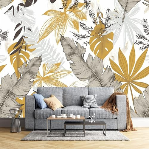 JEDTAKCT Papier Peint Panoramique 3D Plantes Abstraites 260X175Cm - Feuilles Géométriques Nature pour Chambre et Salon - Décoration Murale