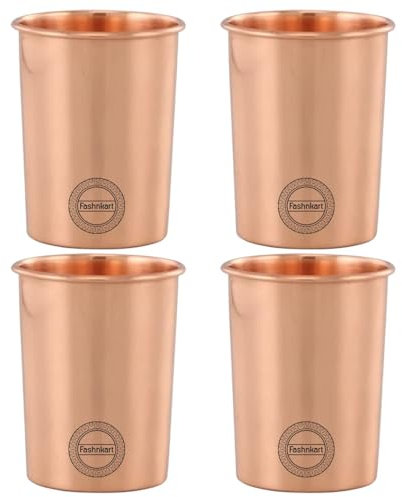 Fashnkart Verres en cuivre pur Eau potable Santé ayurvédique Gobelets en cuivre pur 10,14 oz 300 ml (uni) (4 Pcs)