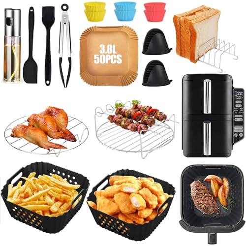 Komicea Varmluftsfritös tillbehör för Ninja Double Stack XL SL300EU 7,6 L, silikonform airfryer tillbehör komplett set – inkl. Grillar i rostfritt stål, bakpapper, tång och silikonhandskar