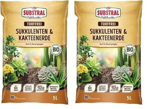 Substral Naturen Sukkulente & Kaktus Erde Bio & torffrei, für Sukkulenten, Kakteen und Bonsai, 3 Monate vorgedüngt, 5 L, Grün (Packung mit 2)