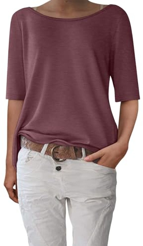 shownicer Tee Shirt Femme Manches Mi-Longues Col Bateau T-Shirt Ete Décontracté Haut Ample Basic Top