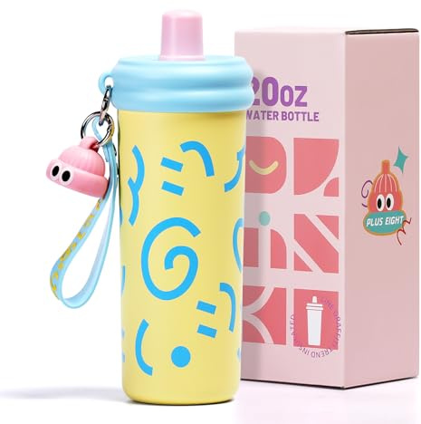 pluseight Stainless Steel Tumbler with Straw, 600ml/20oz Tumbler with Leak Proof, Reusable Double Walled Water Bottle, Thermo Coffee Travel Mug (Yellow)