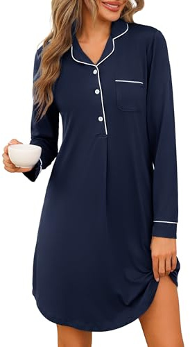 Jahetuul Camicia da Notte Donna Manica Lunga Cotone | con Bottoni e Scollo a V Confortevole Abito da Notte Aperta Davanti