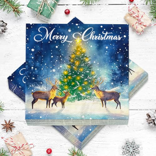 Servietten Weihnachten Servietten, 40 Stück Weihnachtsservietten 33 x 33cm, Weihnachts Servietten Winter,Weihnachts Tischdeko Weihnachten Papierservietten Hirsch Tannenbaum