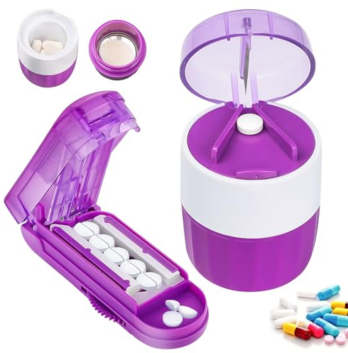 3 in 1 Tablettenmörser, Tablettenteiler, Tabletten Zerkleinern, Tablettenschneider, Tablettenzerkleinerer mit Edelstahl-Mahlkopf, Tablettenspalter mit Tablettenfach, Schneller Tablettenmörser
