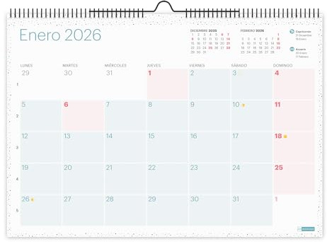 Miquelrius - Calendrier mural 2026 Lovely, organiseur annuel A3 : 420 x 296 mm, espace pour annoter, planificateur 12 mois, double spirale, espagnol, autocollants, couleurs pastel