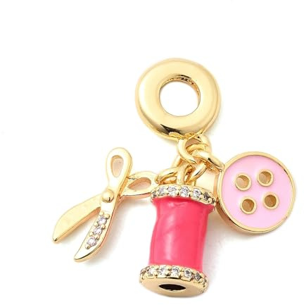 Clotiry 5 ciondoli europei in ottone con zirconia cubica, serie di cucito, smaltati rosa, a forma di forbice, con foro grande, per la creazione di gioielli e artigianato