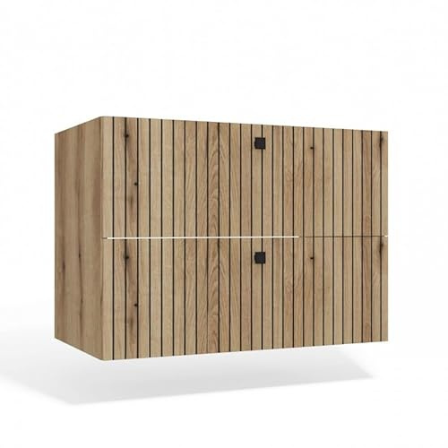 CDF Waschbeckenunterschrank Hängend 2X Schubladen Badezimmermöbel mit Lamellenfronten und Griffen – Aufbewahrung für Badaccessoires Kosmetik Handtücher – Modernes Design Tigo 802S Eiche Evoke