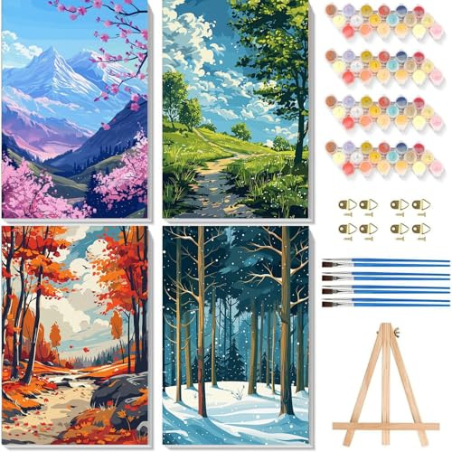 4 Pack Paint by Numbers for Adults with Frame-Four Season Adult Paint by Numbers Canvas Kits With Easel, DIY Landscape Painting by Numbers for Adults with Framed Canvas for Home Decorationr(8x12inch)