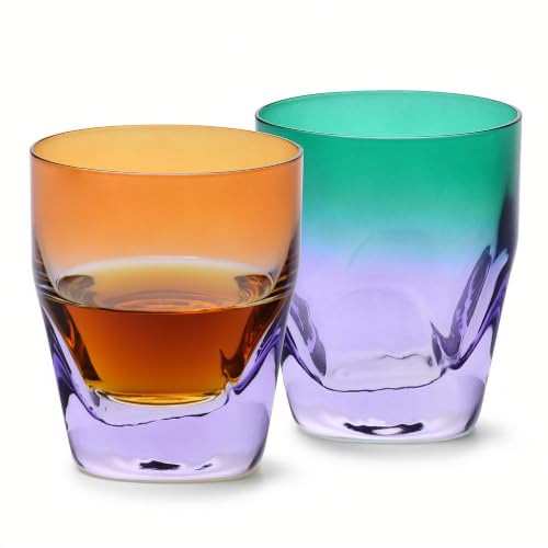 Krosno – Vasos para whisky de 260 ml, juego de 2 piezas – Colección Aurora – Pintados y decorados a mano – Cristal sin plomo – Para bourbon, ron y cócteles – Regalo – Naranja y violeta