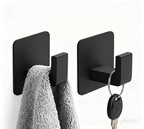 RUIGPRO Towel Hooks Adhesive No Drill, 2 Pack Matte Black Metal Hooks, Right Angle Design for Bathroom, Kitchen, Cabinet, Door, Holds Robes, Hats, Coats, Organizer for Smooth Surfaces