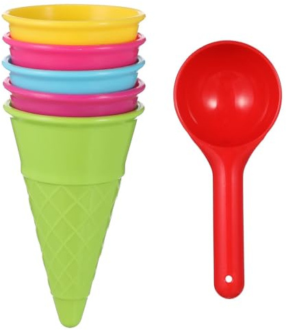 FIXOSHEE Lot de 6 Set de Jouets de Plage en Plastique 5 Cornets de Glace Colorés et 1 Pelle à Glace, Jouets de Bac à Sable pour Garçon et Filles, pour L'été, Stimulation Couleur Aléatoire