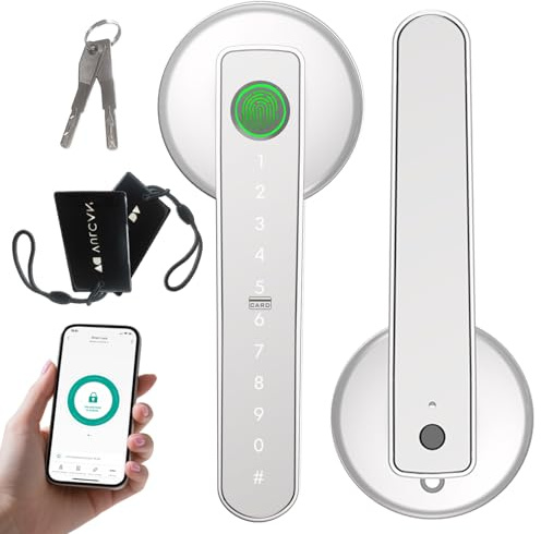 5-in-1 Smart Fingerprint Door Lock – Advanced Automatic Digital Handle with APP, Fingerprint, IC Card, Code & Keys | High-Security Electronic Lock for Modern Homes/Offices (Silver)