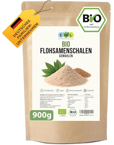 EWL Naturprodukte BIO Flohsamenschalen 900 g, Flohsamenschalen gemahlen, natürliche Ballaststoffe, Flohsamen ohne Zusätze, vegan, Low Carb