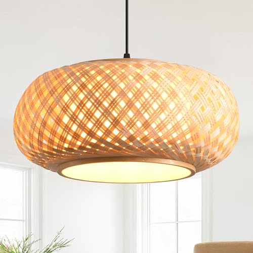 Parrot Uncle Rattan Pendelleuchte mit Eisengestell, 40cm Boho Bambus Lampenschirm, Korb Hängelampe, Höhenverstellbar, E27-Fassung für Esszimmer, Wohnzimmer Flur (keine Glühbirne) [Energieklasse A]