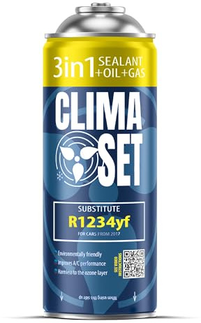 CLIMASET - 3en1 R 1234yf Recarga de Aire Acondicionado, Aceite, Sellador de Fugas - Kit de Recarga de Gas para Aire Acondicionado para Automóviles