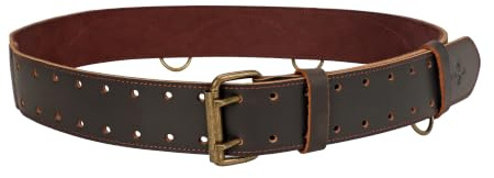 Vintage Leather Tool Belt 2 Wide Heavy Duty Work Belts with 5 Metal Rings | Carpenter Belt for Tool Pouches & Holders, Double-prong Buckle, 5 Quick Access Hanging Loops, for Works or Casual Wear