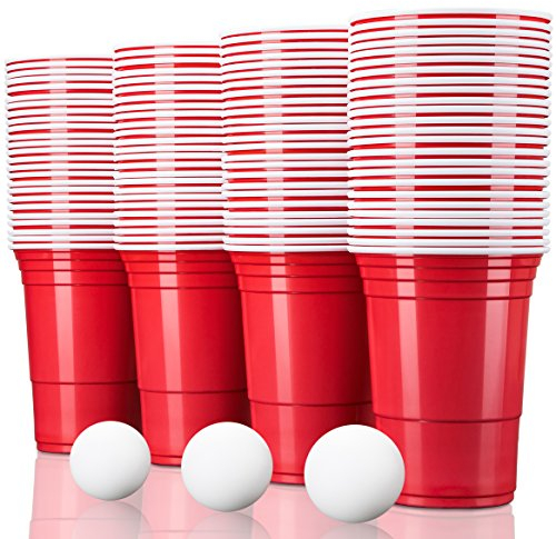 TRESKO® Vaso para fiestas vaso de plástico, vaso de plástico para bebidas, para refrescos cerveza Cola cócteles cerveza botellón beer pong, rojo, 473 ml de capacidad (50 Pcs con 6 Bolas)