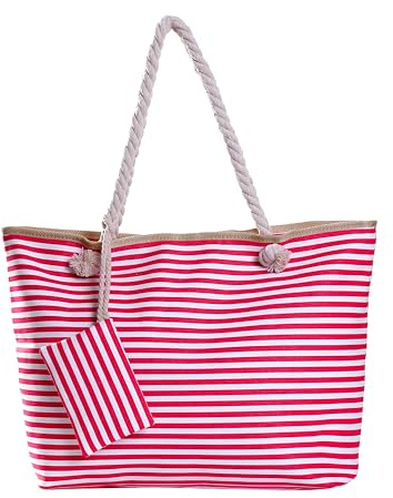DonDon Borsa da spiaggia grande con cerniera 58 x 38 x 18 cm shopper stile marino con strisce bianche e rosa