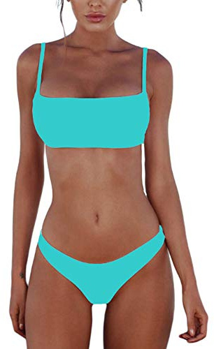 meioro Bikini för kvinnor med låg midja, baddräkt utan rysch, Färg: blå, XL