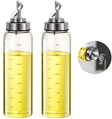 FARI 500ml Essig und Ölflasche, Ölspender aus Edelstahl und Glas Olivenöl Flasche Behälter für BBQ, Kochen, Grillen, Pasta, Auslaufsicher und Spülmaschinenfest (2)