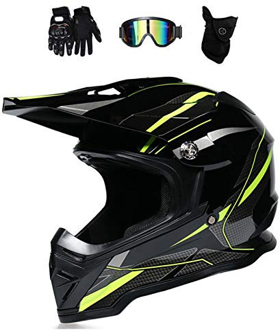 MRDEAR Motocross Helm Set, Motorrad Crosshelme Herren Schwarz mit Brille (4 Stück) Fullface Enduro Helm Off Road Helm Motorradhelm Downhill Bike Mountainbike BMX MTB ATV, Grün & Rot,A,S