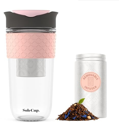 SoleCup. Large Travel Mug Loose Tea Infuser - Detachable Tea Strainer with Spill Proof Lid - 18oz/530ml BPA-Free Reusable Glass Travel Coffee Cup with Silicone Band (Grey and Pink, 530ml / 18oz)