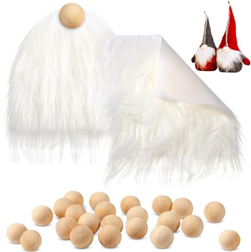 22 Stück Kunstpelz Quadrate und Holzkugeln Set Inklusive 2 Stück Fell Stoff Patches 20 Stück Holz Handwerk Kugeln DIY Handgemachte Bastelbedarf für Gnome Basteln Nähen Kostüm (Weiß)