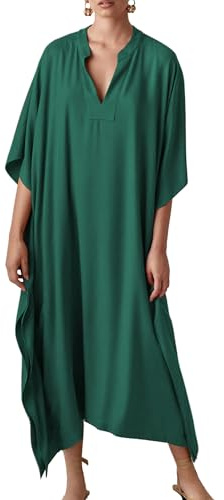 Bsubseach Cuello en V Kaftan Vestidos para Mujer Playa Cubrir caftán Loungewear Batwing Manga Traje de baño Coverup Verde Pavo Real