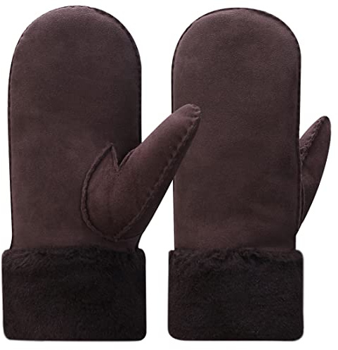 Harssidanzar Damen beheizte Schaffell Leder Fäustlinge Braun S KL024EU