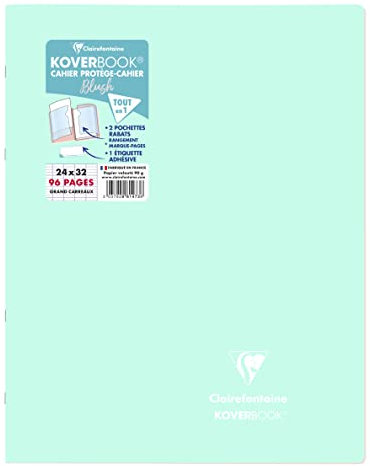 Clairefontaine 981473C Un Cahier Agrafé Koverbook Blush Menthe à l'eau - 24x32 cm - 96 Pages Grands Carreaux - Papier Blanc 90 g - Couverture Polypro Opaque