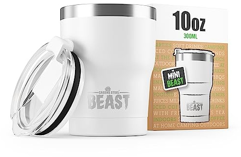 Beast Tumbler - 300 ml (10 oz), White | Reusable Stainless Steel, Vacuum Insulated Cup | Double Wall Travel Flask Perfect for Hot or Iced Coffee | BPA Free
