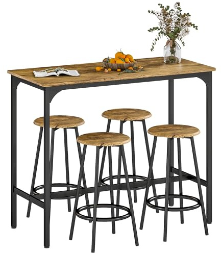 HOMCOM Set Tavolo Bar con 4 Sgabelli, Bancone Bar, Tavolo Alto con Sgabelli Bar con Poggiapiedi, Tavolino Bar per Pranzo, Soggiorno e Cucina, Marrone e Nero