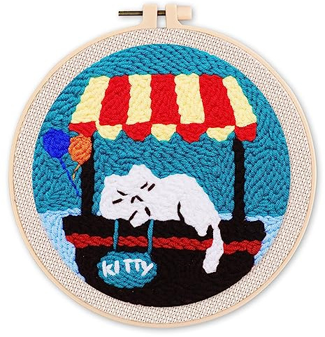Figured'Art Punch Needle Set für Erwachsene - Stickerei, ideal für Anfänger - Schläfrige Katze - 20x20cm mit rundem Rahmen