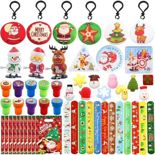 Huahuanghui Weihnachten Party Mitgebsel 54 Stück, Mit Schnapparmband, Aufziehspielzeug, Anti Stress Spielzeug, Schlüsselanhänger, Stempel - Weihnachten Geschenk für Kinder